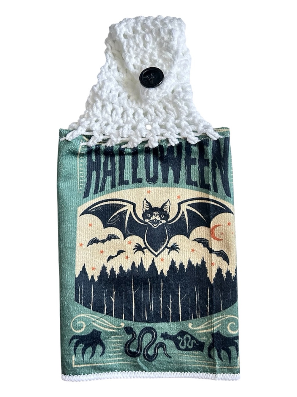 Hand Crafted Halloween Bat Black and Green Hanging Kitchen Hand Towel - Picture 6 of 8
